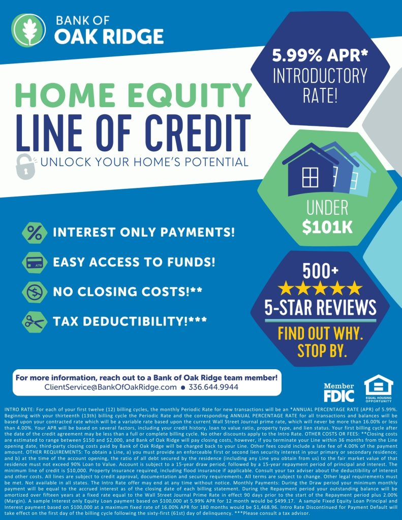 Image of flyer of Home Equity Line of Credit for homes under $101K at a 5.99% APR* introductory rate.