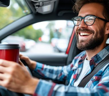 Image of a man in a beard and glasses smiling with a coffee in hand as he is driving.