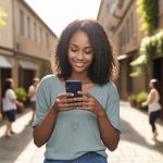 Image of younger woman in downtown walkable area looking at her phone smiling.