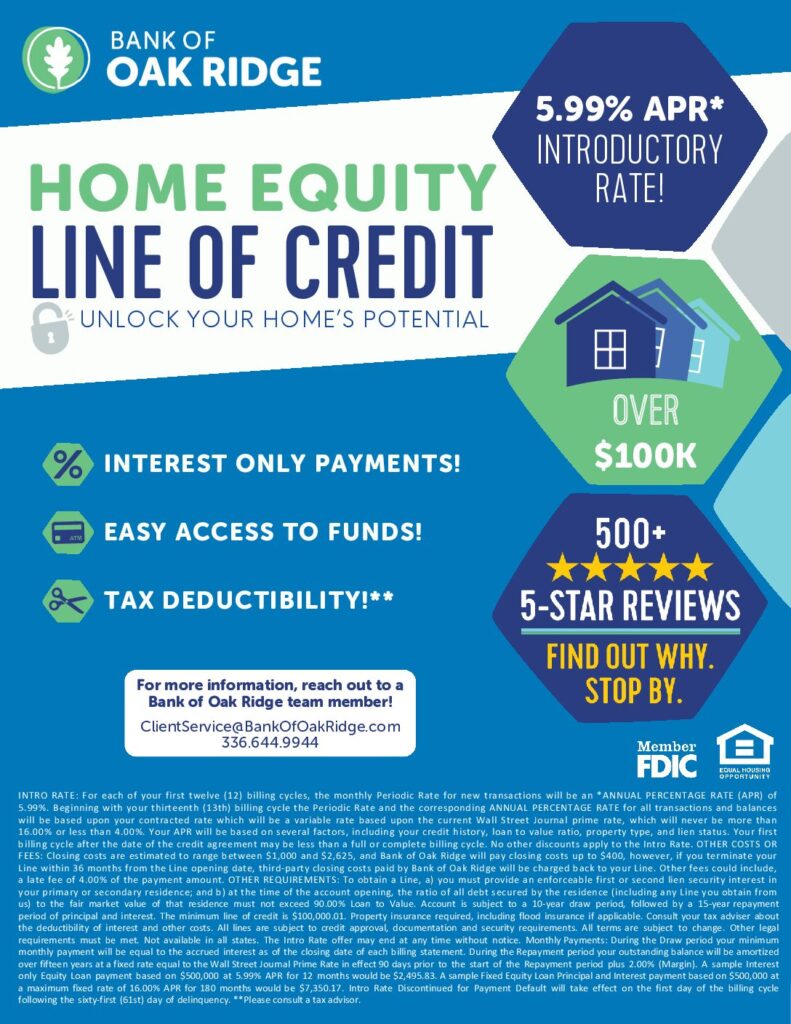 Image of flyer of Home Equity Line of Credit for homes over $100K at a 5.99% APR* introductory rate.